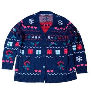 George Christmas Holiday Fair Isle Cardigan Navy Blue XL - Ugly Sweater Party